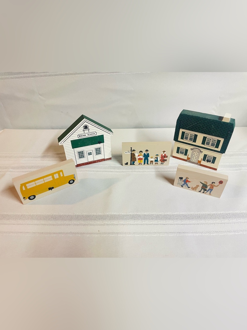 The Cat’s Meow Wooden Village Scene Blocks - School, House, People, Bus 1990’s